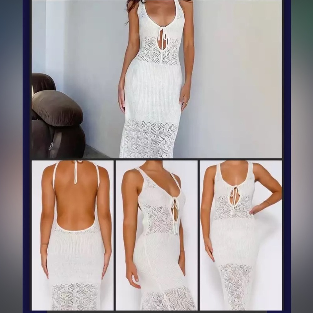 Crochet maxi dress white by tiger mist.
10/10.Perfect for a summer vacation.
